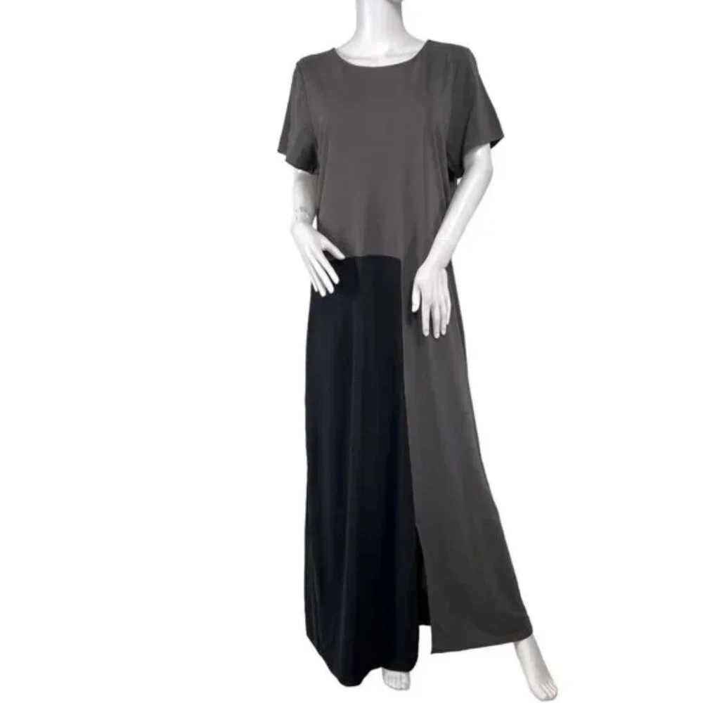 J Jill VTG Black Taupe Gray Color Block Short Sleeve Stretch Maxi Dress NEW XL